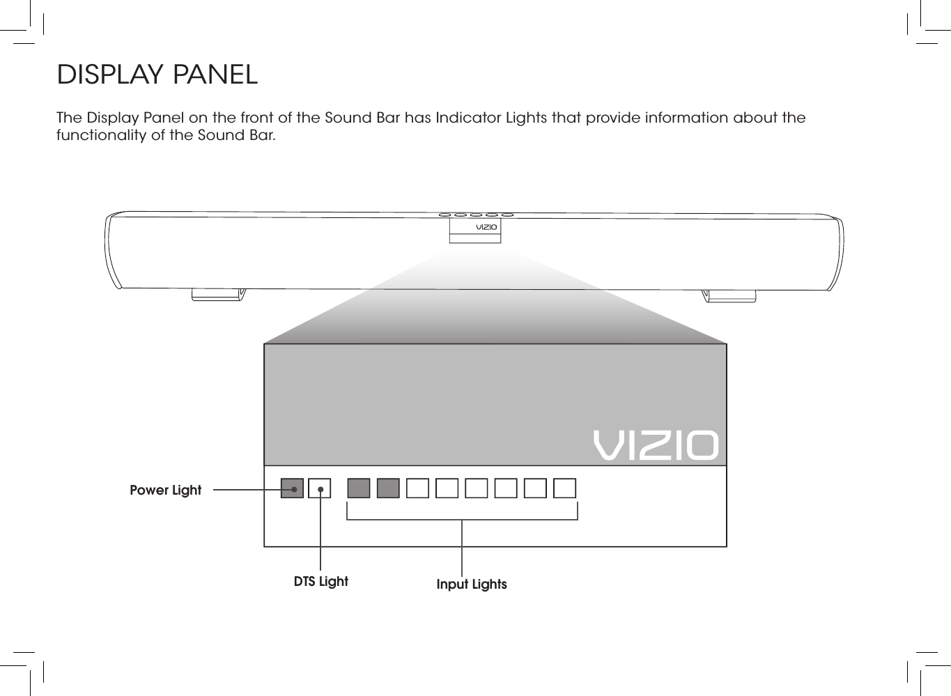 FIRST-TIME SETUPDISPLAY PANELPower LightDTS Light Input LightsThe Display Panel on the front of the Sound Bar has Indicator Lights that provide information about the functionality of the Sound Bar.  