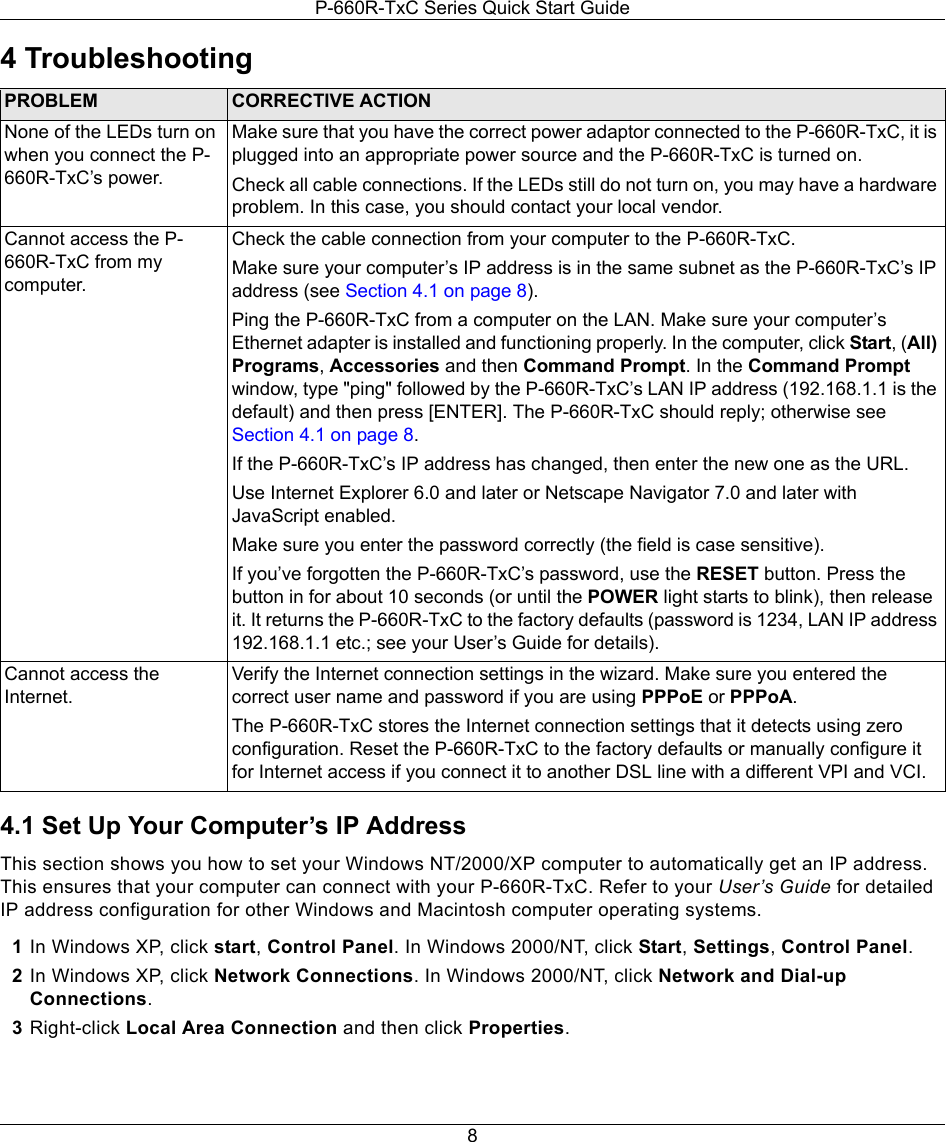 Page 8 of 9 - Zyxel Zyxel-Adsl2-Access-Router-P-660R-T1-V2-Users-Manual- P-660R-TxC_QSG_v3-40_2006-1  Zyxel-adsl2-access-router-p-660r-t1-v2-users-manual
