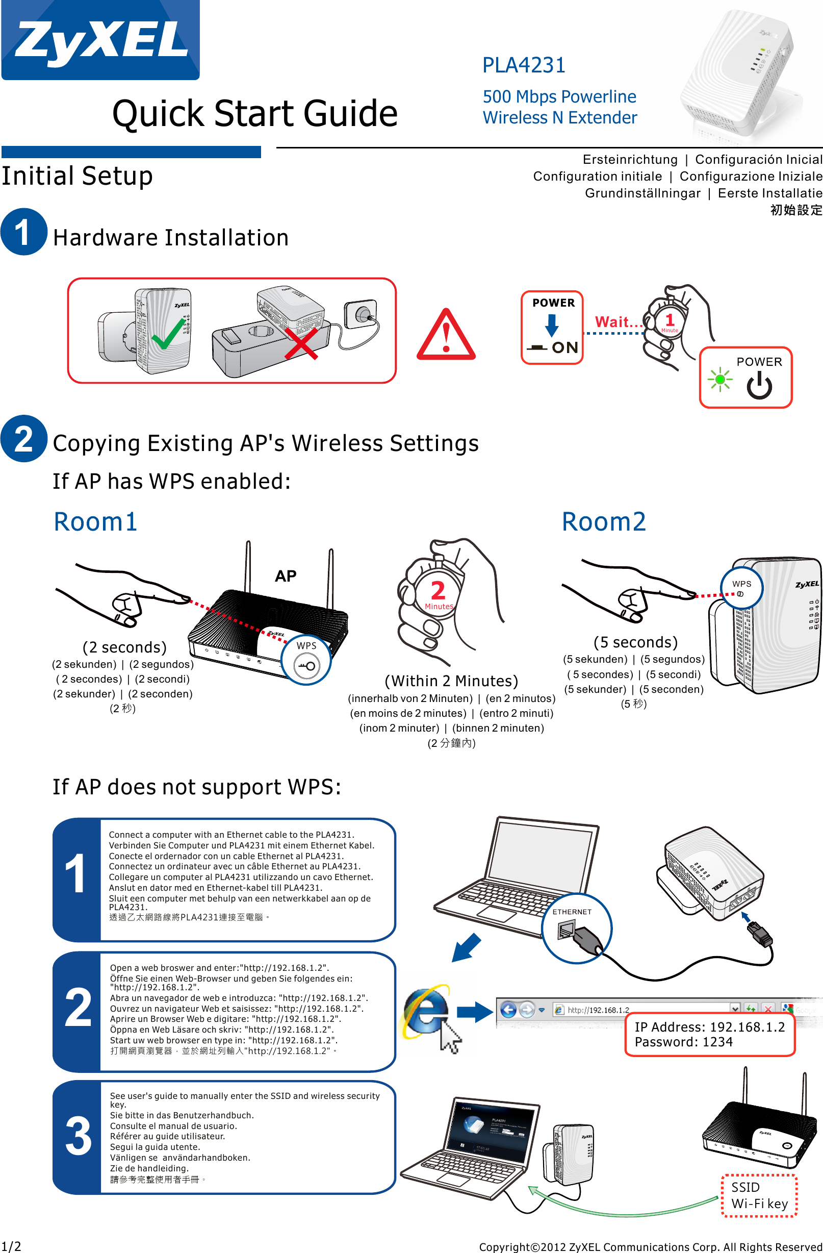 Page 1 of 2 - Zyxel Zyxel-Pla4231-Quick-Start-Guide PLA4231_QSG_v1_ed1_2012-11-29_-5