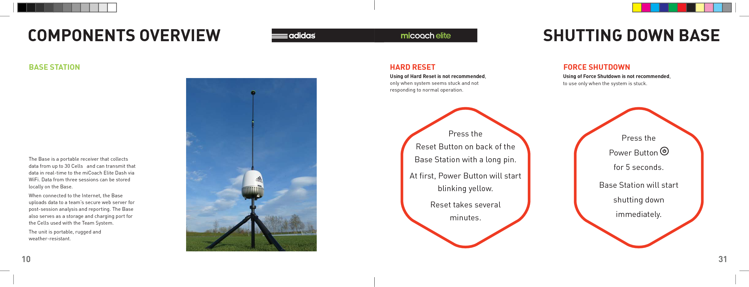10COMPONENTS OVERVIEWBASE STATIONThe Base is a portable receiver that collects data from up to 30 Cells   and can transmit that data in real-time to the miCoach Elite Dash via WiFi. Data from three sessions can be stored locally on the Base.When connected to the Internet, the Base uploads data to a team’s secure web server for post-session analysis and reporting. The Base also serves as a storage and charging port for the Cells used with the Team System.The unit is portable, rugged and weather-resistant.31SHUTTING DOWN BASEFORCE SHUTDOWNPress thePower Button   for 5 seconds.Base Station will startshutting downimmediately.Using of Force Shutdown is not recommended, to use only when the system is stuck.HARD RESETPress theReset Button on back of the Base Station with a long pin.At ﬁ rst, Power Button will start blinking yellow.  Reset takes severalminutes.Using of Hard Reset is not recommended, only when system seems stuck and not responding to normal operation.
