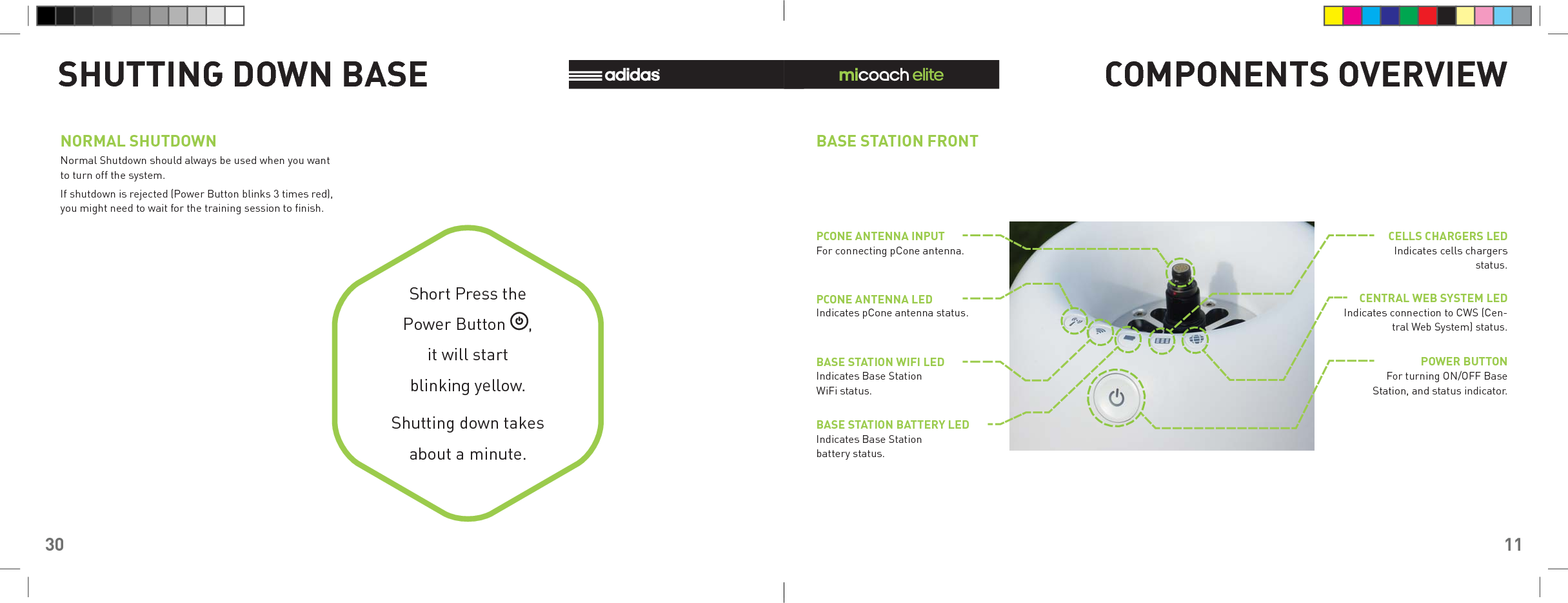 30SHUTTING DOWN BASEShort Press thePower Button  ,it will startblinking yellow.Shutting down takes about a minute.NORMAL SHUTDOWNNormal Shutdown should always be used when you want to turn off the system. If shutdown is rejected (Power Button blinks 3 times red),you might need to wait for the training session to ﬁ nish.11COMPONENTS OVERVIEWBASE STATION FRONTPCONE ANTENNA LEDPCONE ANTENNA INPUTBASE STATION WIFI LEDBASE STATION BATTERY LEDCELLS CHARGERS LEDPOWER BUTTONCENTRAL WEB SYSTEM LEDFor connecting pCone antenna.Indicates pCone antenna status.Indicates Base Station WiFi status.Indicates Base Station battery status.Indicates cells chargers status.For turning ON/OFF Base Station, and status indicator.Indicates connection to CWS (Cen-tral Web System) status.