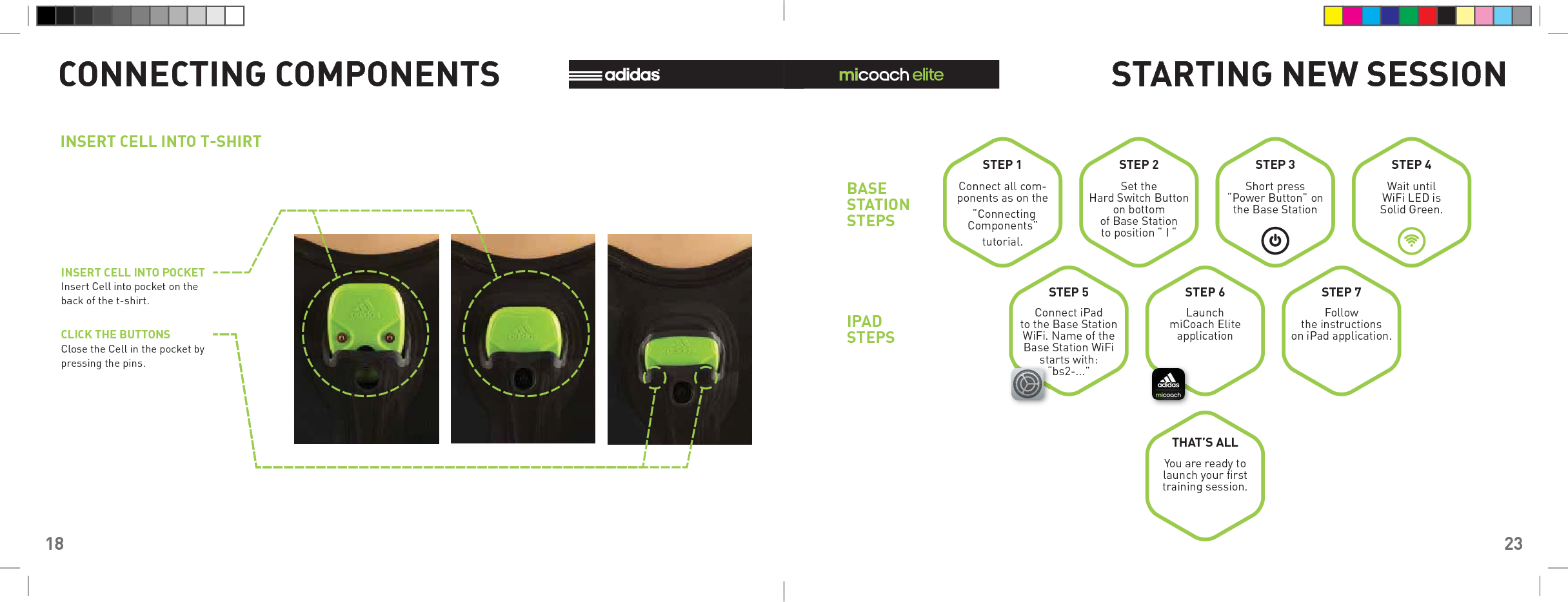 18CONNECTING COMPONENTSINSERT CELL INTO T-SHIRTINSERT CELL INTO POCKETCLICK THE BUTTONSInsert Cell into pocket on the back of the t-shirt.Close the Cell in the pocket by pressing the pins.23You are ready to launch your ﬁ rst training session.Connect iPadto the Base Station WiFi. Name of the Base Station WiFi starts with: “bs2-...”Launch miCoach Elite applicationFollow the instructions on iPad application.STEP 5 STEP 6THAT’S ALLSTEP 7Connect all com-ponents as on the “Connecting Components” tutorial.Set theHard Switch Buttonon bottom of Base Station to position “ I “Short press “Power Button” on the Base StationWait until WiFi LED is Solid Green.STEP 1 STEP 2 STEP 3 STEP 4BASE STATION STEPSIPAD STEPSSTARTING NEW SESSION“