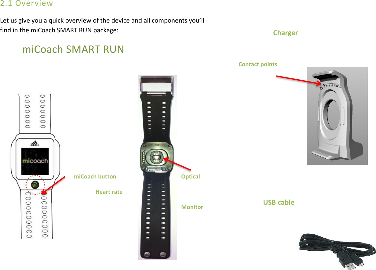 2.1 Overview Let us give you a quick overview of the device and all components you’ll find in the miCoach SMART RUN package:         miCoach SMART RUN         miCoach button                  Optical                  Heart rate                                  Monitor                                       Charger  Contact points                          USB cable      