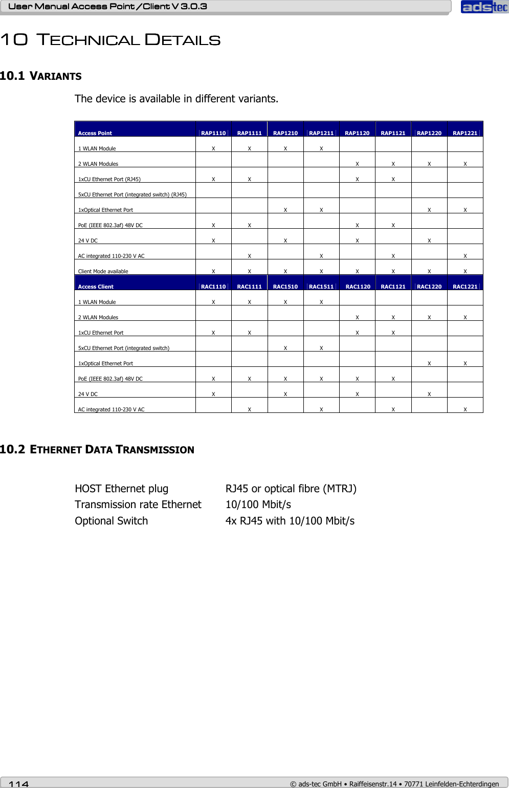    User ManualUser ManualUser ManualUser Manual Access Point /Client Access Point /Client Access Point /Client Access Point /Client V 3.0.3 V 3.0.3 V 3.0.3 V 3.0.3    114114114114    © ads-tec GmbH • Raiffeisenstr.14 • 70771 Leinfelden-Echterdingen 10101010 TTTTECHNIECHNIECHNIECHNICAL CAL CAL CAL DDDDETAILSETAILSETAILSETAILS    10.1 VARIANTS The device is available in different variants.   Access Point  RAP1110  RAP1111  RAP1210  RAP1211  RAP1120  RAP1121  RAP1220  RAP1221 1 WLAN Module  X  X  X  X             2 WLAN Modules              X  X  X  X 1xCU Ethernet Port (RJ45)  X  X        X  X       5xCU Ethernet Port (integrated switch) (RJ45)                         1xOptical Ethernet Port        X  X        X  X PoE (IEEE 802.3af) 48V DC  X  X        X  X       24 V DC  X     X     X     X    AC integrated 110-230 V AC     X     X     X     X Client Mode available  X  X  X  X  X  X  X  X Access Client  RAC1110  RAC1111  RAC1510  RAC1511   RAC1120  RAC1121  RAC1220  RAC1221 1 WLAN Module  X  X  X  X             2 WLAN Modules          X  X  X  X 1xCU Ethernet Port  X  X        X  X       5xCU Ethernet Port (integrated switch)        X  X             1xOptical Ethernet Port                    X  X PoE (IEEE 802.3af) 48V DC  X  X  X  X  X  X       24 V DC  X     X     X     X    AC integrated 110-230 V AC     X     X     X     X  10.2 ETHERNET DATA TRANSMISSION  HOST Ethernet plug    RJ45 or optical fibre (MTRJ) Transmission rate Ethernet  10/100 Mbit/s Optional Switch     4x RJ45 with 10/100 Mbit/s  