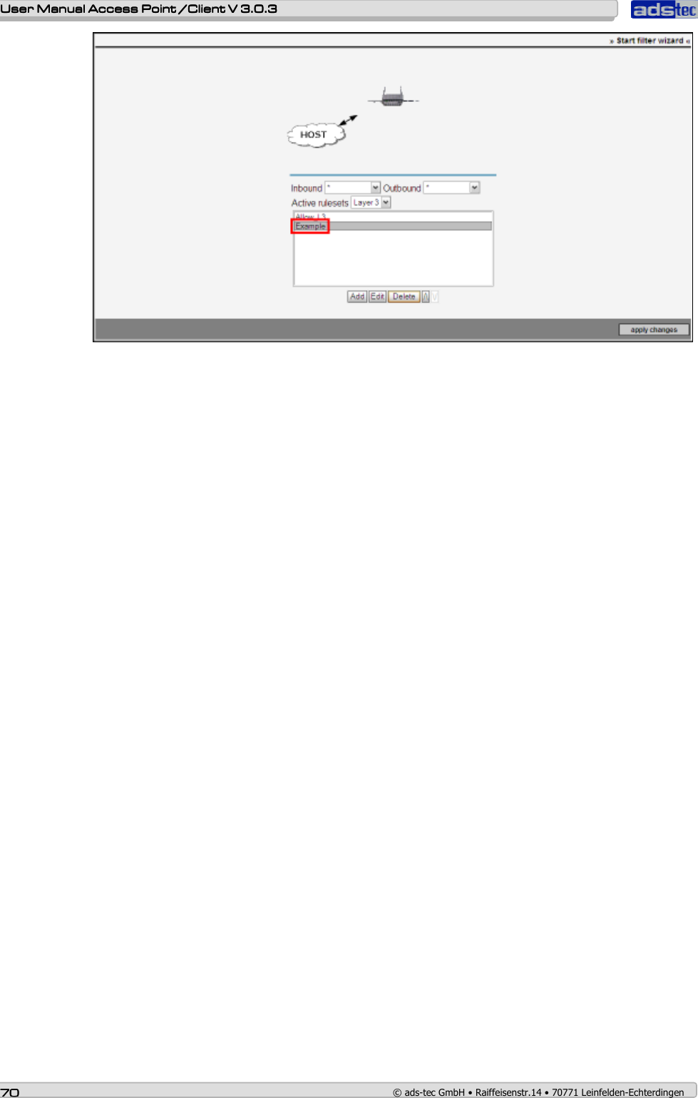    User ManualUser ManualUser ManualUser Manual Access Point /Client Access Point /Client Access Point /Client Access Point /Client V 3.0.3 V 3.0.3 V 3.0.3 V 3.0.3    70707070    © ads-tec GmbH • Raiffeisenstr.14 • 70771 Leinfelden-Echterdingen   