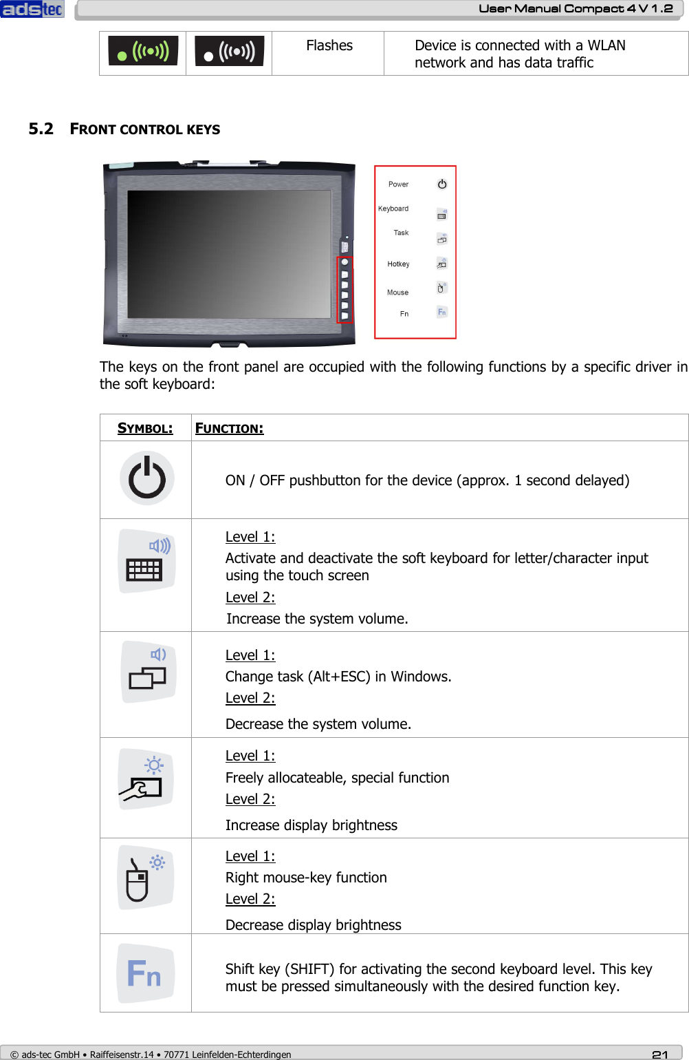    User ManualUser ManualUser ManualUser Manual    Compact 4 V 1.2Compact 4 V 1.2Compact 4 V 1.2Compact 4 V 1.2    © ads-tec GmbH • Raiffeisenstr.14 • 70771 Leinfelden-Echterdingen 21212121   Flashes  Device is connected with a WLAN network and has data traffic   5.2 FRONT CONTROL KEYS  The keys on the front panel are occupied with the following functions by a specific driver in the soft keyboard:  SYMBOL:   FUNCTION:  ON / OFF pushbutton for the device (approx. 1 second delayed)  Level 1: Activate and deactivate the soft keyboard for letter/character input using the touch screen  Level 2:  Increase the system volume.  Level 1: Change task (Alt+ESC) in Windows.  Level 2: Decrease the system volume.  Level 1: Freely allocateable, special function Level 2: Increase display brightness  Level 1: Right mouse-key function  Level 2: Decrease display brightness  Shift key (SHIFT) for activating the second keyboard level. This key must be pressed simultaneously with the desired function key. 