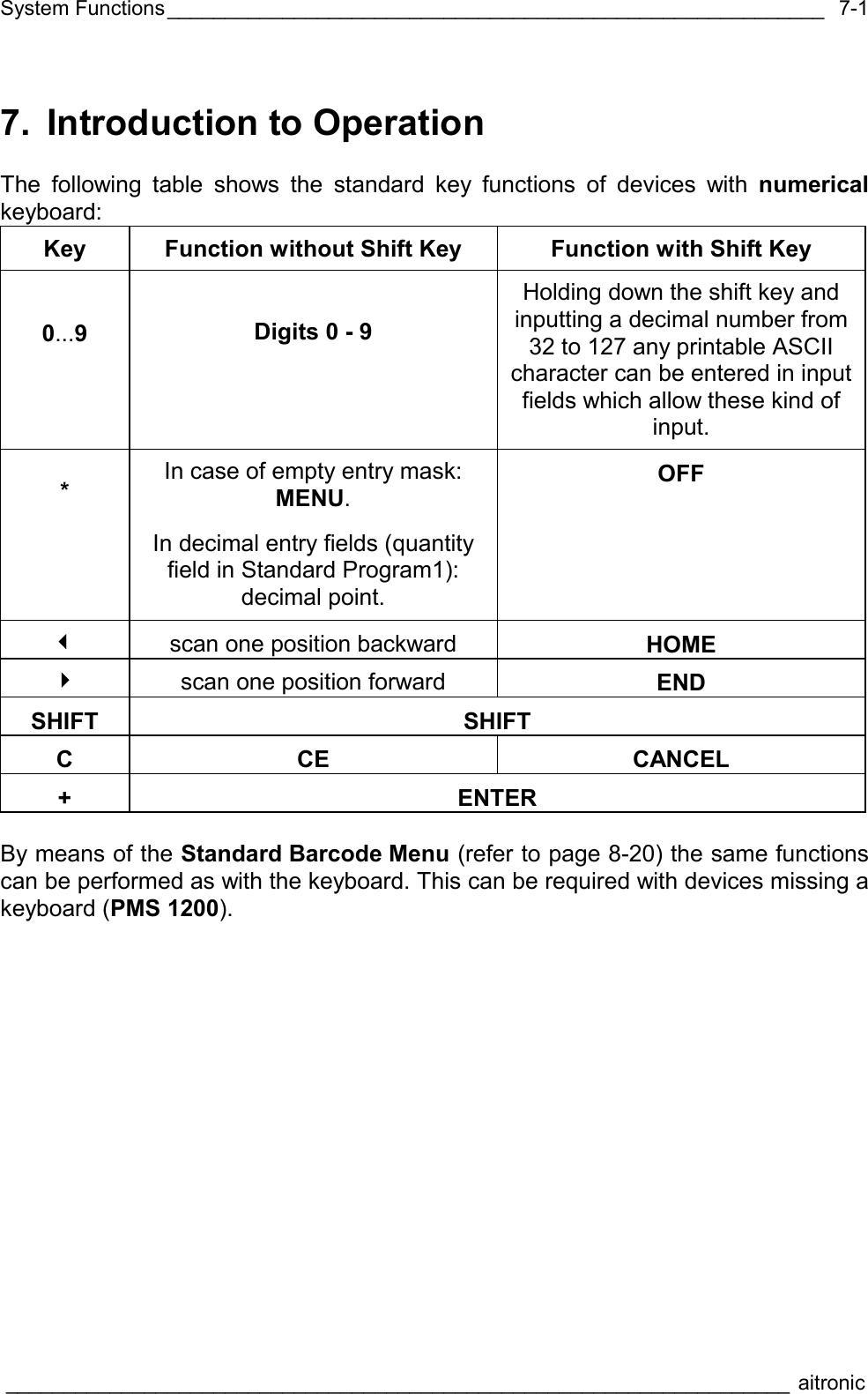 System Functions_________________________________________________________  ____________________________________________________________________ aitronic  7-17. Introduction to Operation  The following table shows the standard key functions of devices with numerical keyboard: Key  Function without Shift Key  Function with Shift Key  0...9  Digits 0 - 9 Holding down the shift key and inputting a decimal number from 32 to 127 any printable ASCII character can be entered in input fields which allow these kind of input.  *  In case of empty entry mask: MENU. In decimal entry fields (quantity field in Standard Program1): decimal point. OFF  scan one position backward  HOME  scan one position forward  END SHIFT SHIFT C CE  CANCEL + ENTER  By means of the Standard Barcode Menu (refer to page 8-20) the same functions can be performed as with the keyboard. This can be required with devices missing a keyboard (PMS 1200). 