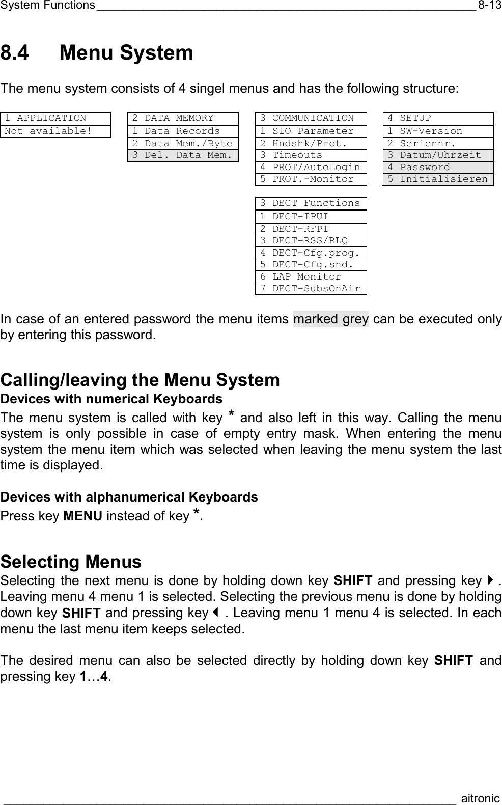 System Functions_________________________________________________________  ____________________________________________________________________ aitronic  8-138.4   Menu System  The menu system consists of 4 singel menus and has the following structure:  1 APPLICATION    2 DATA MEMORY    3 COMMUNICATION    4 SETUP Not available!    1 Data Records    1 SIO Parameter    1 SW-Version     2 Data Mem./Byte   2 Hndshk/Prot.    2 Seriennr.   3 Del. Data Mem.   3 Timeouts   3 Datum/Uhrzeit     4 PROT/AutoLogin  4 Password     5 PROT.-Monitor  5 Initialisieren               3 DECT Functions        1 DECT-IPUI       2 DECT-RFPI       3 DECT-RSS/RLQ       4 DECT-Cfg.prog.       5 DECT-Cfg.snd.           6 LAP Monitor         7 DECT-SubsOnAir    In case of an entered password the menu items marked grey can be executed only by entering this password. Calling/leaving the Menu System Devices with numerical Keyboards The menu system is called with key * and also left in this way. Calling the menu system is only possible in case of empty entry mask. When entering the menu system the menu item which was selected when leaving the menu system the last time is displayed.  Devices with alphanumerical Keyboards Press key MENU instead of key *. Selecting Menus Selecting the next menu is done by holding down key SHIFT and pressing key. Leaving menu 4 menu 1 is selected. Selecting the previous menu is done by holding down key SHIFT and pressing key. Leaving menu 1 menu 4 is selected. In each menu the last menu item keeps selected.  The desired menu can also be selected directly by holding down key SHIFT and pressing key 1…4. 