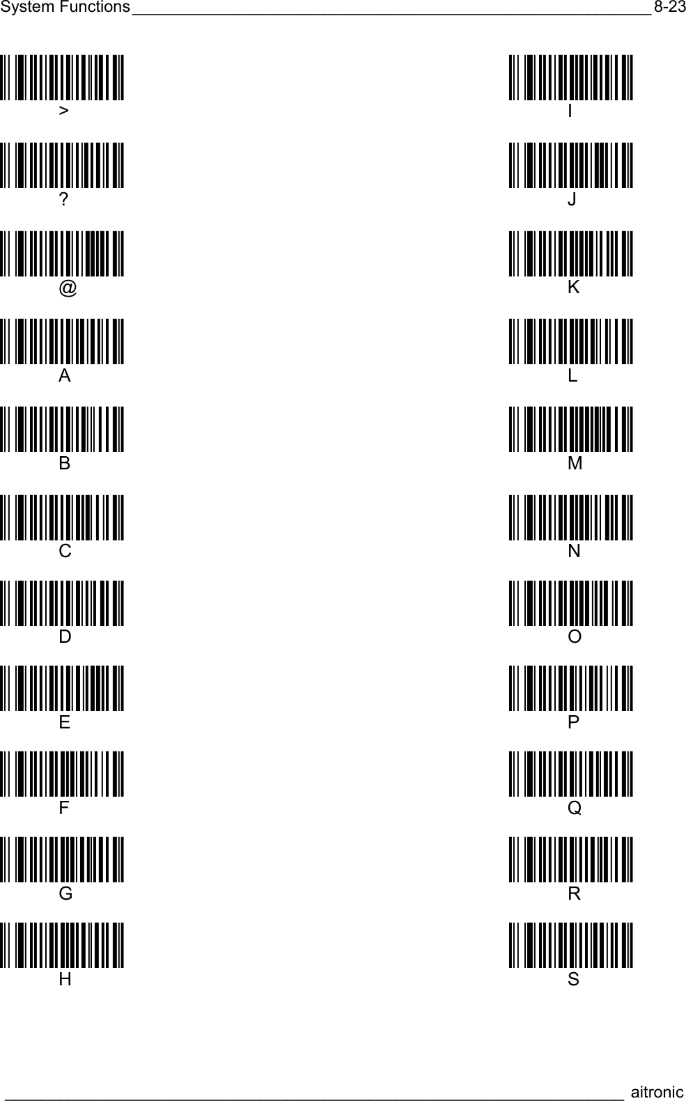 System Functions_________________________________________________________  ____________________________________________________________________ aitronic  8-23Öüö062-ä Öüö0736ä  &gt;  I  Öüö0632ä Öüö074;ä  ?  J  Öüö0647ä Öüö075@ä  @  K  Öüö065&lt;ä Öüö076Eä  A  L  Öüö066Aä Öüö077Jä  B  M  Öüö067Fä Öüö078Oä  C  N  Öüö068Kä Öüö079Tä  D  O  Öüö069Pä Öüö080+ä  E  P  Öüö070&apos;ä Öüö0810ä  F  Q  Öüö071,ä Öüö0825ä  G  R  Öüö0721ä Öüö083:ä  H  S 