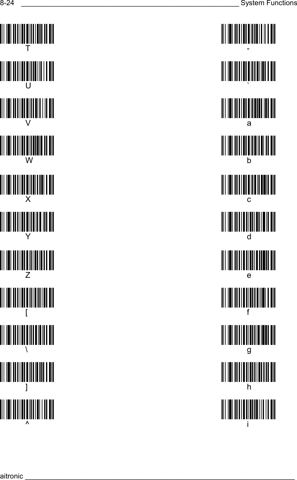 _______________________________________________________ System Functions aitronic ____________________________________________________________________  8-24Öüö084?ä Öüö095Hä  T  -  Öüö085Dä Öüö096Mä  U  `  Öüö086Iä Öüö097Rä  V  a  Öüö087Nä Öüö098Wä  W  b  Öüö088Sä Öüö099\ä  X  c  Öüö089Xä Öüö100uä  Y  d  Öüö090/ä Öüö101zä  Z  e  Öüö0914ä Öüö102üä  [  f  Öüö0929ä Öüö103„ä  \  g  Öüö093&gt;ä Öüö104&quot;ä  ]  h  Öüö094Cä Öüö105&apos;ä  ^  i 