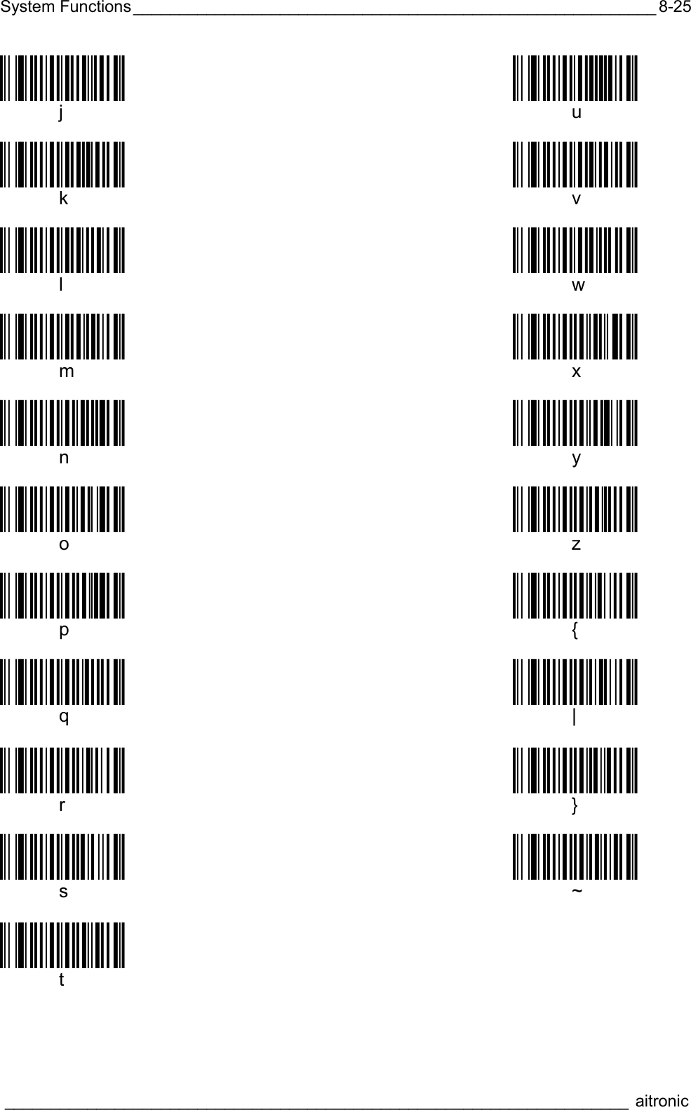 System Functions_________________________________________________________  ____________________________________________________________________ aitronic  8-25Öüö106,ä Öüö1175ä  j  u  Öüö1071ä Öüö118:ä  k  v  Öüö1086ä Öüö119?ä  l  w  Öüö109;ä Öüö120}ä  m  x  Öüö110yä Öüö121‚ä  n  y  Öüö111~ä Öüö122öä  o  z  Öüö112ƒä Öüö123%ä  p  {  Öüö113!ä Öüö124*ä  q  |  Öüö114&amp;ä Öüö125/ä  r  }  Öüö115+ä Öüö1264ä  s  ~  Öüö1160ä  t 