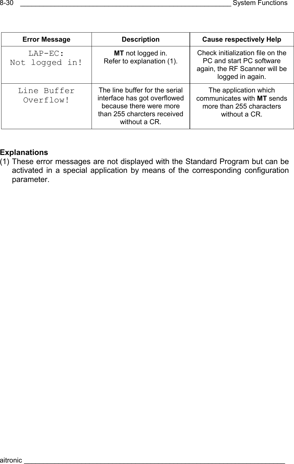 _______________________________________________________ System Functions aitronic ____________________________________________________________________  8-30 Error Message  Description  Cause respectively Help LAP-EC: Not logged in! MT not logged in. Refer to explanation (1). Check initialization file on the PC and start PC software again, the RF Scanner will be logged in again. Line Buffer Overflow! The line buffer for the serial interface has got overflowed because there were more than 255 charcters received without a CR. The application which communicates with MT sends more than 255 characters without a CR.    Explanations (1) These error messages are not displayed with the Standard Program but can be activated in a special application by means of the corresponding configuration parameter. 