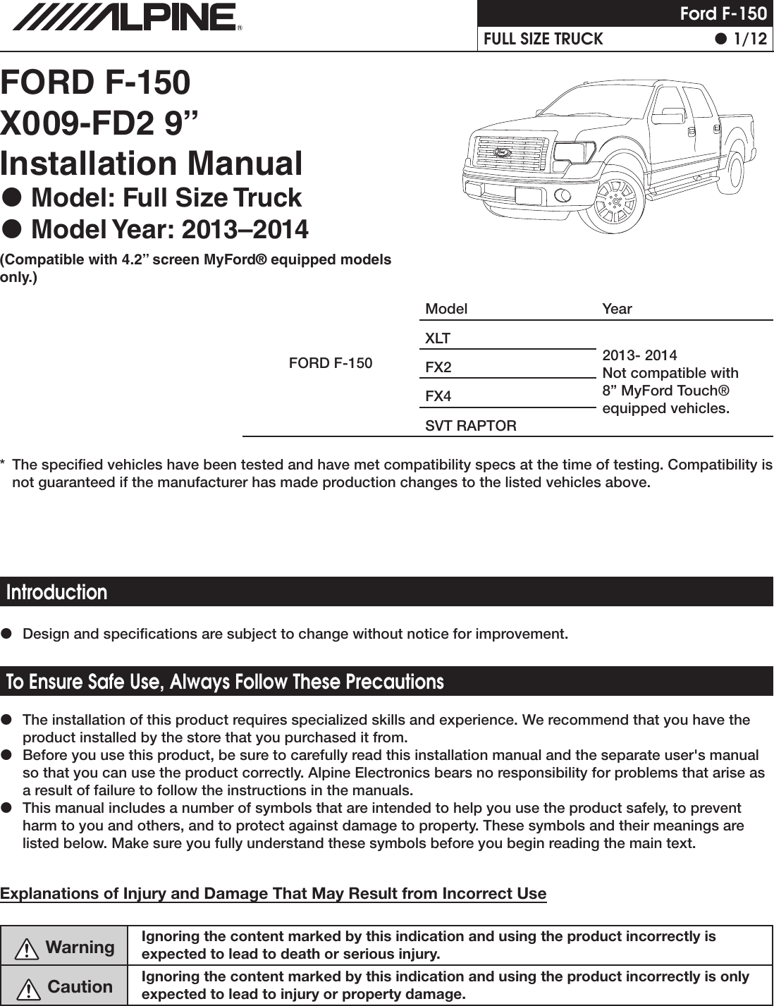 Page 1 of 12 - Alpine  X009-FD2 - Installation Guide IM