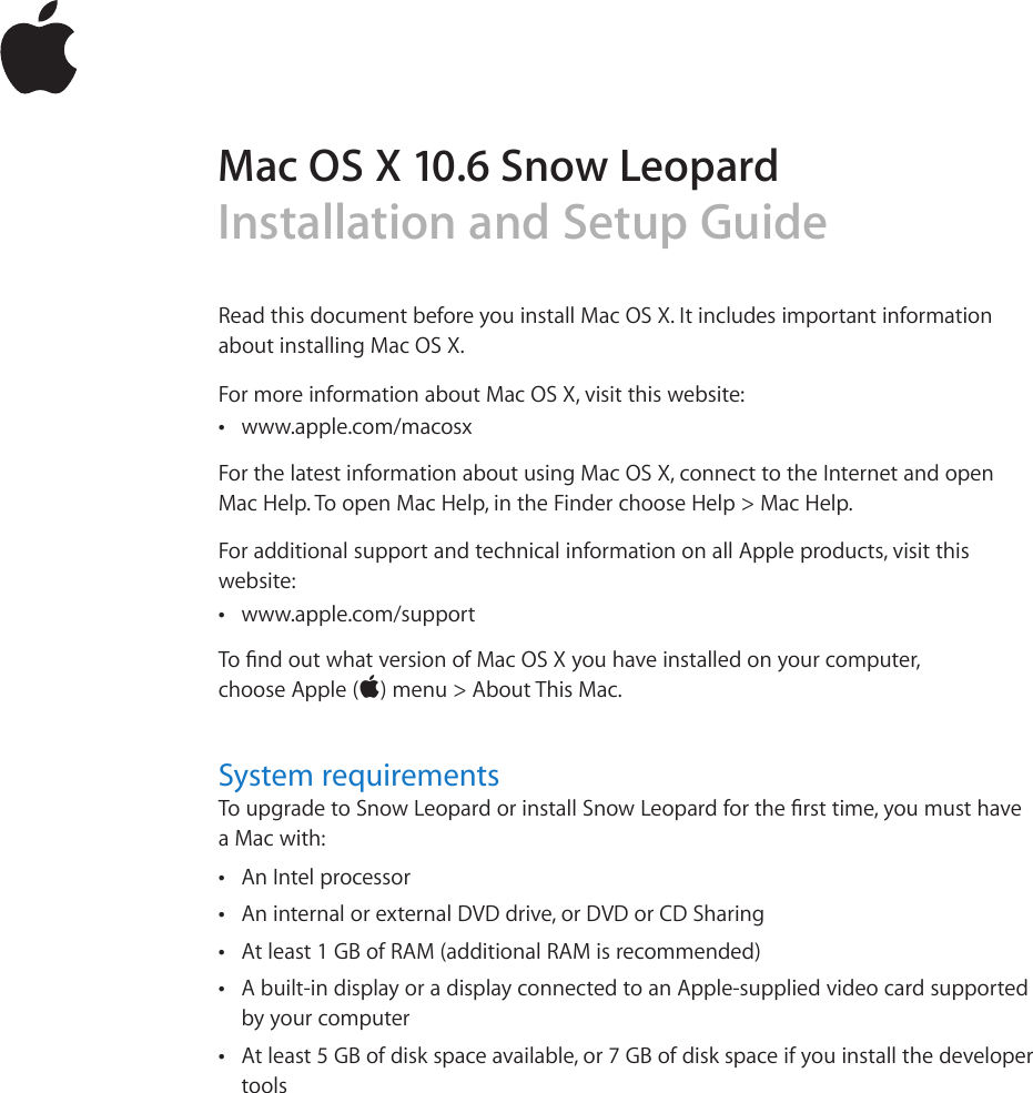 Page 1 of 7 - Apple  Mac OS X - 10.6 Snow Leopard Installation And Setup Guide Install En