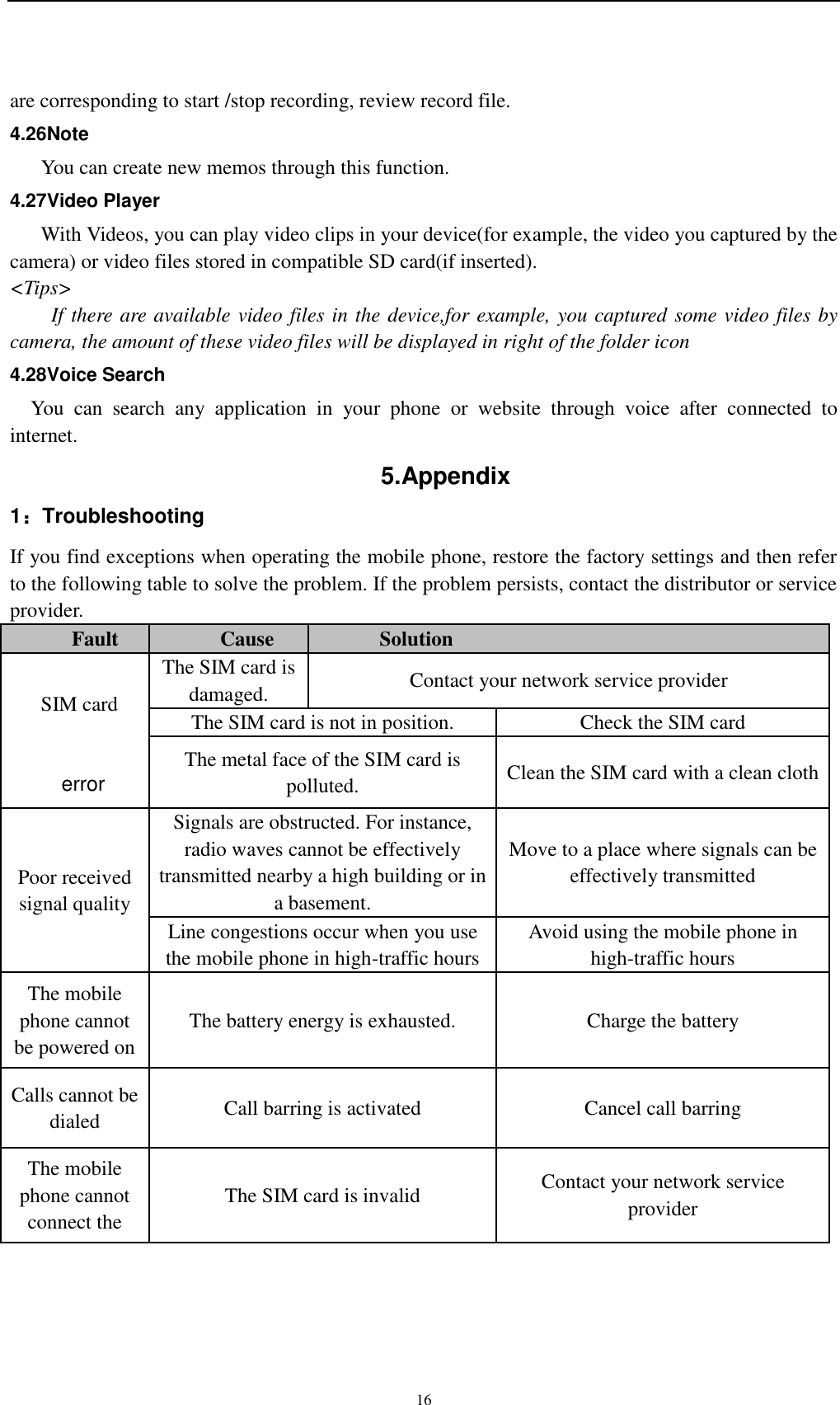    16 are corresponding to start /stop recording, review record file. 4.26Note You can create new memos through this function. 4.27Video Player With Videos, you can play video clips in your device(for example, the video you captured by the camera) or video files stored in compatible SD card(if inserted). &lt;Tips&gt; If there are available video files in the device,for example, you captured some video files by camera, the amount of these video files will be displayed in right of the folder icon 4.28Voice Search You  can  search  any  application  in  your  phone  or  website  through  voice  after  connected  to internet. 5.Appendix   1：Troubleshooting If you find exceptions when operating the mobile phone, restore the factory settings and then refer to the following table to solve the problem. If the problem persists, contact the distributor or service provider. Fault Cause Solution       SIM card        error The SIM card is damaged. Contact your network service provider The SIM card is not in position. Check the SIM card The metal face of the SIM card is polluted. Clean the SIM card with a clean cloth Poor received signal quality Signals are obstructed. For instance, radio waves cannot be effectively transmitted nearby a high building or in a basement. Move to a place where signals can be effectively transmitted Line congestions occur when you use the mobile phone in high-traffic hours Avoid using the mobile phone in high-traffic hours The mobile phone cannot be powered on The battery energy is exhausted. Charge the battery Calls cannot be dialed Call barring is activated Cancel call barring The mobile phone cannot connect the The SIM card is invalid Contact your network service provider 