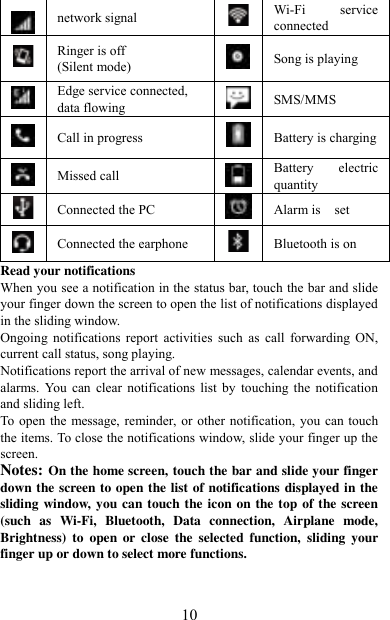   10  network signal  Wi-Fi  service connected  Ringer is off (Silent mode)  Song is playing    Edge service connected, data flowing  SMS/MMS  Call in progress  Battery is charging  Missed call  Battery  electric quantity  Connected the PC  Alarm is    set  Connected the earphone  Bluetooth is on Read your notifications   When you see a notification in the status bar, touch the bar and slide your finger down the screen to open the list of notifications displayed in the sliding window.   Ongoing  notifications  report  activities  such  as  call  forwarding  ON, current call status, song playing.   Notifications report the arrival of new messages, calendar events, and alarms. You  can  clear  notifications  list  by  touching  the  notification and sliding left.   To open the message, reminder, or other notification, you can touch the items. To close the notifications window, slide your finger up the screen.   Notes: On the home screen, touch the bar and slide your finger down the screen to open the list of notifications displayed in the sliding window, you can touch the icon on the top of the screen (such  as  Wi-Fi,  Bluetooth,  Data  connection,  Airplane  mode, Brightness)  to  open  or  close  the  selected  function,  sliding  your finger up or down to select more functions.   