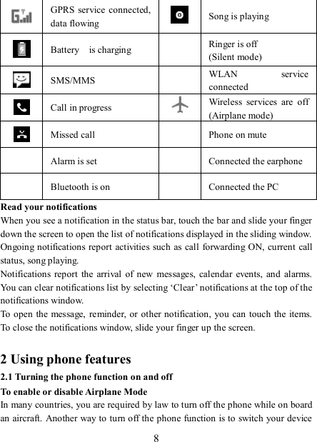   8 GPRS service  connected, data flowing   Song is playing  Battery    is charging   Ringer is off (Silent mode)  SMS/MMS  WLAN  service connected  Call in progress   Wireless  services  are  off (Airplane mode)  Missed call   Phone on mute  Alarm is set   Connected the earphone  Bluetooth is on   Connected the PC Read your notifications   When you see a notification in the status bar, touch the bar and slide your finger down the screen to open the list of notifications displayed in the sliding window.   Ongoing notifications report activities such as call  forwarding ON, current call status, song playing.   Notifications  report  the  arrival  of new  messages,  calendar  events,  and alarms. You can clear notifications list by selecting ‘Clear’ notifications at the top of the notifications window.   To  open the message, reminder, or other notification,  you  can touch  the items. To close the notifications window, slide your finger up the screen.    2 Using phone features 2.1 Turning the phone function on and off To enable or disable Airplane Mode In many countries, you are required by law to turn off the phone while on board an aircraft. Another way to turn off the phone function is to switch your device 