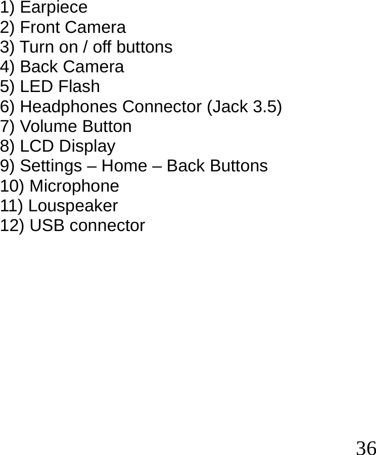  36    1) Earpiece 2) Front Camera 3) Turn on / off buttons 4) Back Camera 5) LED Flash 6) Headphones Connector (Jack 3.5) 7) Volume Button 8) LCD Display 9) Settings – Home – Back Buttons   10) Microphone 11) Louspeaker 12) USB connector           