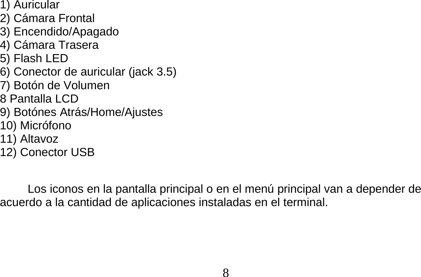  8    1) Auricular 2) Cámara Frontal 3) Encendido/Apagado 4) Cámara Trasera 5) Flash LED 6) Conector de auricular (jack 3.5) 7) Botón de Volumen 8 Pantalla LCD 9) Botónes Atrás/Home/Ajustes 10) Micrófono 11) Altavoz  12) Conector USB  Los iconos en la pantalla principal o en el menú principal van a depender de acuerdo a la cantidad de aplicaciones instaladas en el terminal. 