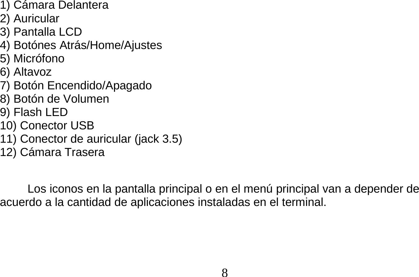  8    1) Cámara Delantera 2) Auricular 3) Pantalla LCD 4) Botónes Atrás/Home/Ajustes 5) Micrófono 6) Altavoz 7) Botón Encendido/Apagado 8) Botón de Volumen 9) Flash LED 10) Conector USB 11) Conector de auricular (jack 3.5) 12) Cámara Trasera  Los iconos en la pantalla principal o en el menú principal van a depender de acuerdo a la cantidad de aplicaciones instaladas en el terminal. 