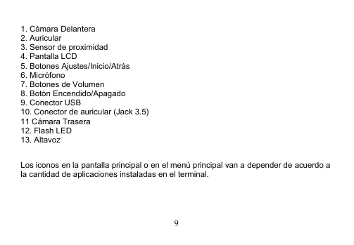 91. Cámara Delantera2. Auricular3. Sensor de proximidad4. Pantalla LCD5. Botones Ajustes/Inicio/Atrás6. Micrófono7. Botones de Volumen8. Botón Encendido/Apagado9. Conector USB10. Conector de auricular (Jack 3.5)11 Cámara Trasera12. Flash LED13. AltavozLos iconos en la pantalla principal o en el menú principal van a depender de acuerdo ala cantidad de aplicaciones instaladas en el terminal.