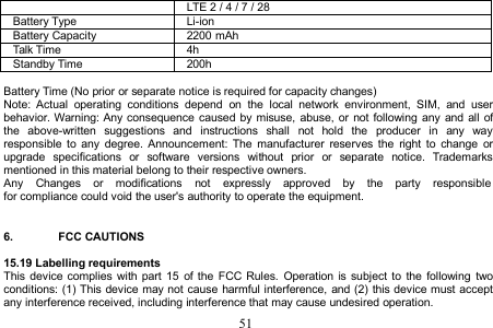 51LTE 2 / 4 / 7 / 28Battery TypeLi-ionBattery Capacity2200 mAhTalk Time4hStandby Time200hBattery Time (No prior or separate notice is required for capacity changes)Note: Actual operating conditions depend on the local network environment, SIM, and userbehavior. Warning: Any consequence caused by misuse, abuse, or not following any and all ofthe above-written suggestions and instructions shall not hold the producer in any wayresponsible to any degree. Announcement: The manufacturer reserves the right to change orupgrade specifications or software versions without prior or separate notice. Trademarksmentioned in this material belong to their respective owners.Any Changes or modifications not expressly approved by the party responsiblefor compliance could void the user&apos;s authority to operate the equipment.6. FCC CAUTIONS15.19 Labelling requirementsThis device complies with part 15 of the FCC Rules. Operation is subject to the following twoconditions: (1) This device may not cause harmful interference, and (2) this device must acceptany interference received, including interference that may cause undesired operation.