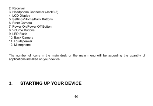 402. Receiver3. Headphone Connector (Jack3.5)4. LCD Display5. Settings/Home/Back Buttons6. Front Camera7. Power On/Power Off Button8. Volume Buttons9. LED Flash10. Back Camera11. Loudspeaker12. MicrophoneThe number of icons in the main desk or the main menu will be according the quantity ofapplications installed on your device.3. STARTING UP YOUR DEVICE