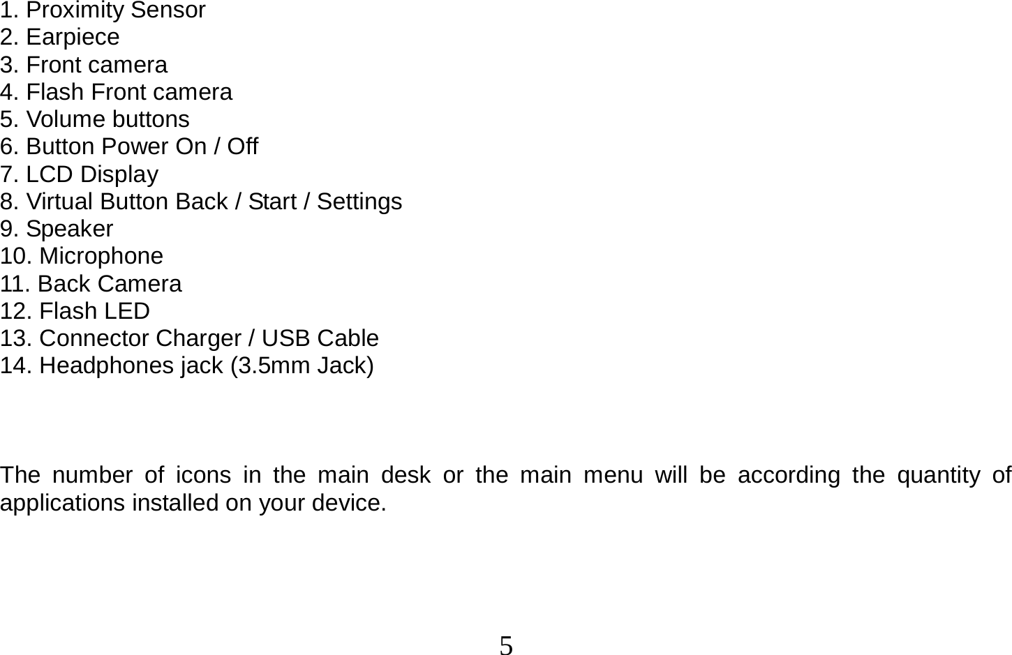  5   1. Proximity Sensor 2. Earpiece 3. Front camera 4. Flash Front camera 5. Volume buttons 6. Button Power On / Off 7. LCD Display 8. Virtual Button Back / Start / Settings 9. Speaker 10. Microphone 11. Back Camera 12. Flash LED 13. Connector Charger / USB Cable 14. Headphones jack (3.5mm Jack)    The number of icons in the main desk or the main menu will be according the quantity of applications installed on your device.      