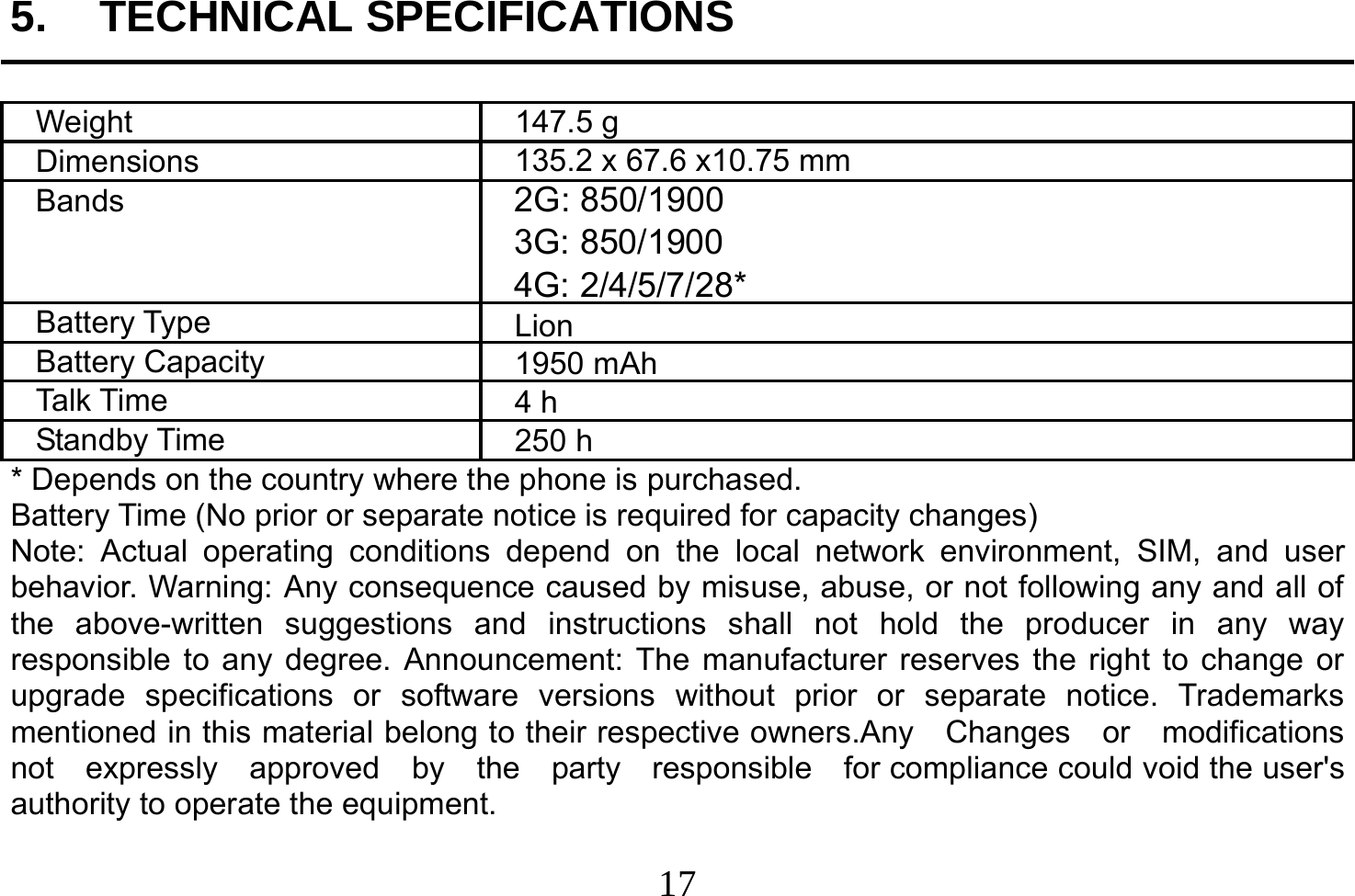 17 5. TECHNICAL SPECIFICATIONSWeightDimensions Bands Battery Type Battery Capacity Talk Time  Standby Time 147.5 g135.2 x 67.6 x10.75 mm 2G: 850/1900  3G: 850/1900 4G: 2/4/5/7/28* Lion 1950 mAh 4 h 250 h * Depends on the country where the phone is purchased.Battery Time (No prior or separate notice is required for capacity changes) Note: Actual operating conditions depend on the local network environment, SIM, and user behavior. Warning: Any consequence caused by misuse, abuse, or not following any and all of the above-written suggestions and instructions shall not hold the producer in any way responsible to any degree. Announcement: The manufacturer reserves the right to change or upgrade specifications or software versions without prior or separate notice. Trademarks mentioned in this material belong to their respective owners.Any  Changes  or  modifications  not  expressly  approved  by  the  party  responsible  for compliance could void the user&apos;s authority to operate the equipment. 