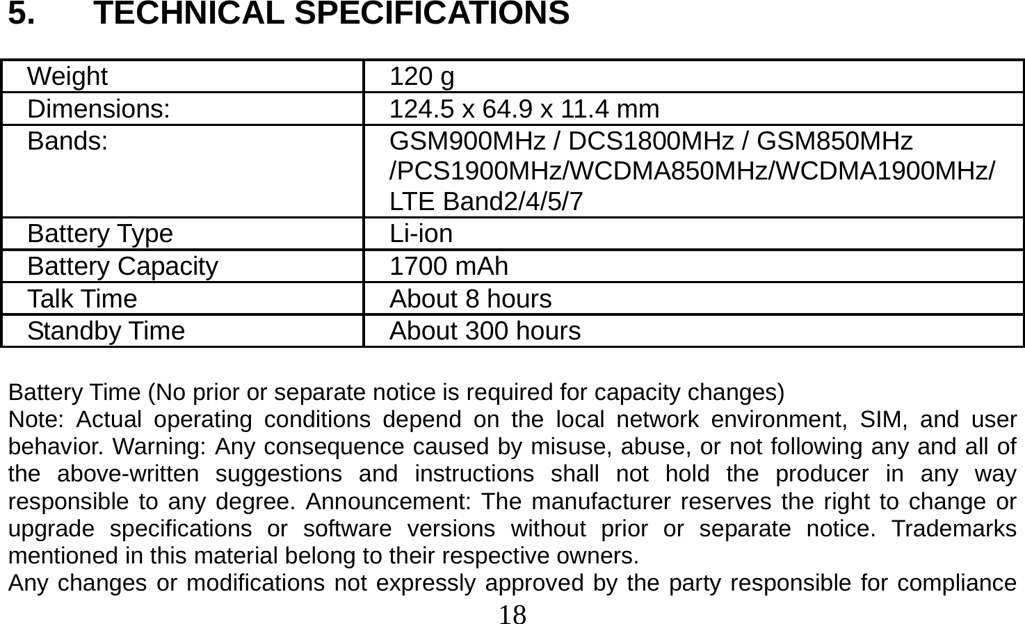  18    5. TECHNICAL SPECIFICATIONS  Weight 120 g Dimensions:  124.5 x 64.9 x 11.4 mm Bands:  GSM900MHz / DCS1800MHz / GSM850MHz /PCS1900MHz/WCDMA850MHz/WCDMA1900MHz/LTE Band2/4/5/7 Battery Type  Li-ion Battery Capacity  1700 mAh Talk Time  About 8 hours Standby Time  About 300 hours  Battery Time (No prior or separate notice is required for capacity changes) Note: Actual operating conditions depend on the local network environment, SIM, and user behavior. Warning: Any consequence caused by misuse, abuse, or not following any and all of the above-written suggestions and instructions shall not hold the producer in any way responsible to any degree. Announcement: The manufacturer reserves the right to change or upgrade specifications or software versions without prior or separate notice. Trademarks mentioned in this material belong to their respective owners. Any changes or modifications not expressly approved by the party responsible for compliance 
