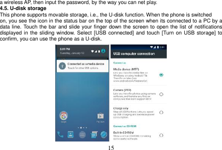  15  a wireless AP, then input the password, by the way you can net play. 4.5. U-disk storage This phone supports movable storage, i.e., the U-disk function. When the phone is switched on, you see the icon in the status bar on the top of the screen when its connected to a PC by a data line. Touch the bar and slide your finger down the screen to open the list of notifications displayed in the sliding window.  Select [USB connected] and touch [Turn on USB storage] to confirm, you can use the phone as a U-disk.                    