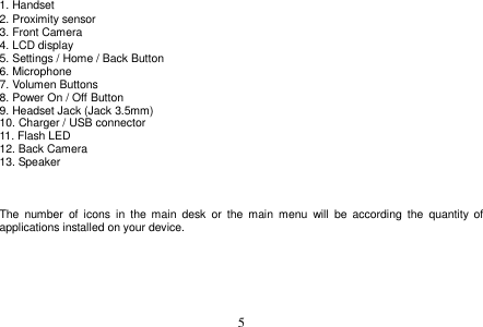  5  1. Handset 2. Proximity sensor 3. Front Camera 4. LCD display 5. Settings / Home / Back Button 6. Microphone 7. Volumen Buttons 8. Power On / Off Button 9. Headset Jack (Jack 3.5mm) 10. Charger / USB connector 11. Flash LED 12. Back Camera 13. Speaker    The  number  of  icons  in  the  main  desk  or  the  main  menu  will  be  according  the  quantity  of applications installed on your device.        