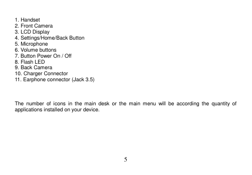  5   1. Handset 2. Front Camera 3. LCD Display 4. Settings/Home/Back Button 5. Microphone 6. Volume buttons 7. Button Power On / Off 8. Flash LED 9. Back Camera 10. Charger Connector 11. Earphone connector (Jack 3.5)    The  number  of  icons  in  the  main  desk  or  the  main menu  will  be  according  the  quantity  of applications installed on your device.         