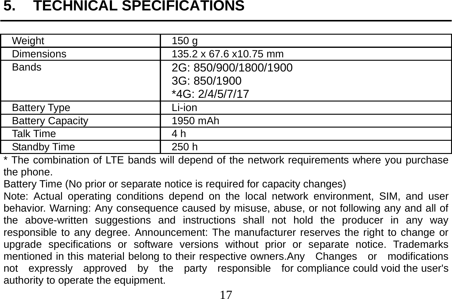  17  5. TECHNICAL SPECIFICATIONS  Weight 150 g Dimensions  135.2 x 67.6 x10.75 mm Bands  2G: 850/900/1800/1900   3G: 850/1900 *4G: 2/4/5/7/17 Battery Type  Li-ion Battery Capacity  1950 mAh Talk Time  4 h Standby Time  250 h * The combination of LTE bands will depend of the network requirements where you purchase the phone. Battery Time (No prior or separate notice is required for capacity changes) Note: Actual operating conditions depend on the local network environment, SIM, and user behavior. Warning: Any consequence caused by misuse, abuse, or not following any and all of the above-written suggestions and instructions shall not hold the producer in any way responsible to any degree. Announcement: The manufacturer reserves the right to change or upgrade specifications or software versions without prior or separate notice. Trademarks mentioned in this material belong to their respective owners.Any  Changes  or  modifications  not  expressly  approved  by  the  party  responsible  for compliance could void the user&apos;s authority to operate the equipment. 