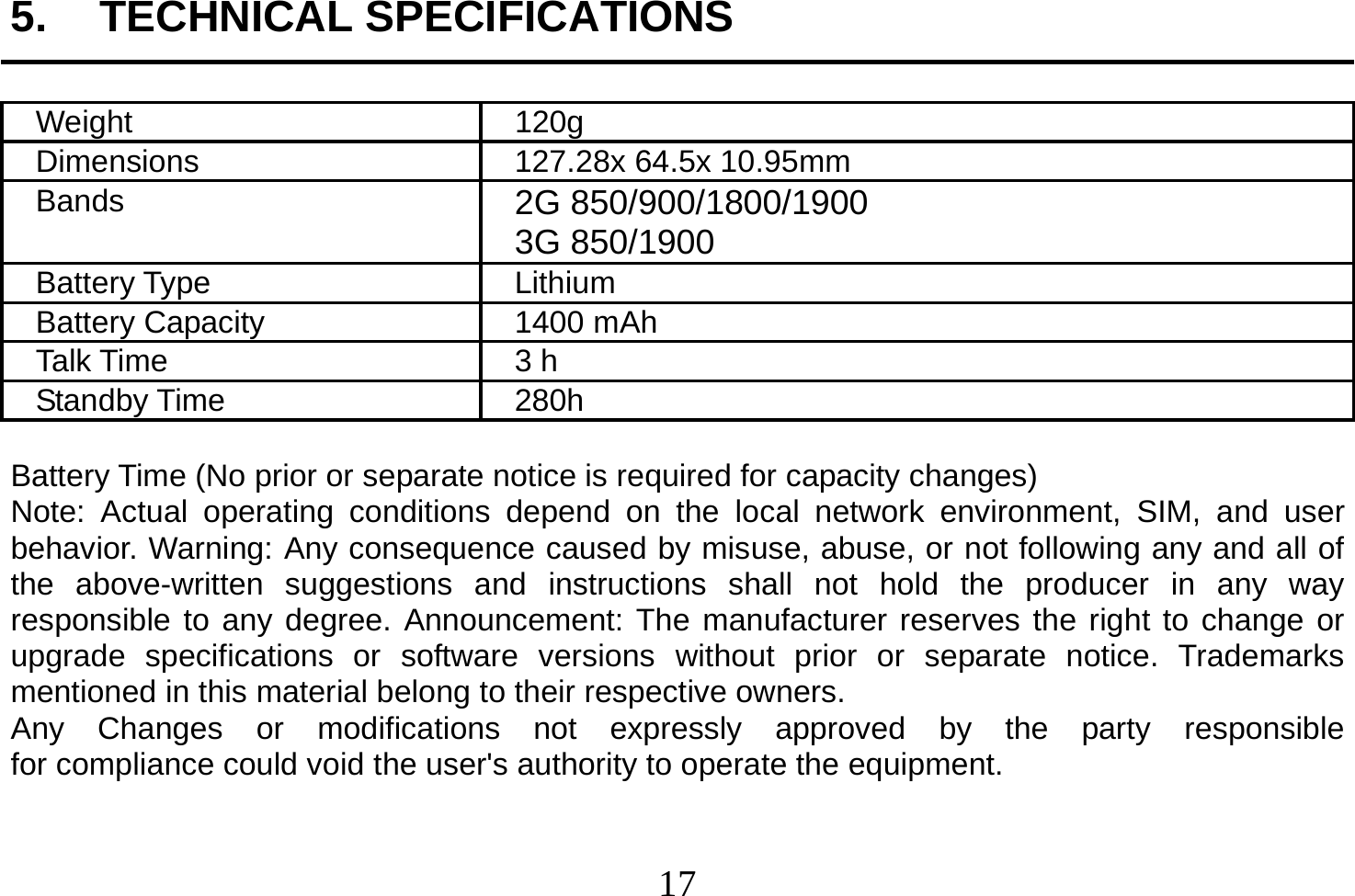  17  5. TECHNICAL SPECIFICATIONS  Weight 120g Dimensions  127.28x 64.5x 10.95mm Bands  2G 850/900/1800/1900 3G 850/1900 Battery Type  Lithium Battery Capacity  1400 mAh Talk Time  3 h Standby Time  280h  Battery Time (No prior or separate notice is required for capacity changes) Note: Actual operating conditions depend on the local network environment, SIM, and user behavior. Warning: Any consequence caused by misuse, abuse, or not following any and all of the above-written suggestions and instructions shall not hold the producer in any way responsible to any degree. Announcement: The manufacturer reserves the right to change or upgrade specifications or software versions without prior or separate notice. Trademarks mentioned in this material belong to their respective owners. Any  Changes  or  modifications  not  expressly  approved  by  the  party  responsible  for compliance could void the user&apos;s authority to operate the equipment.  