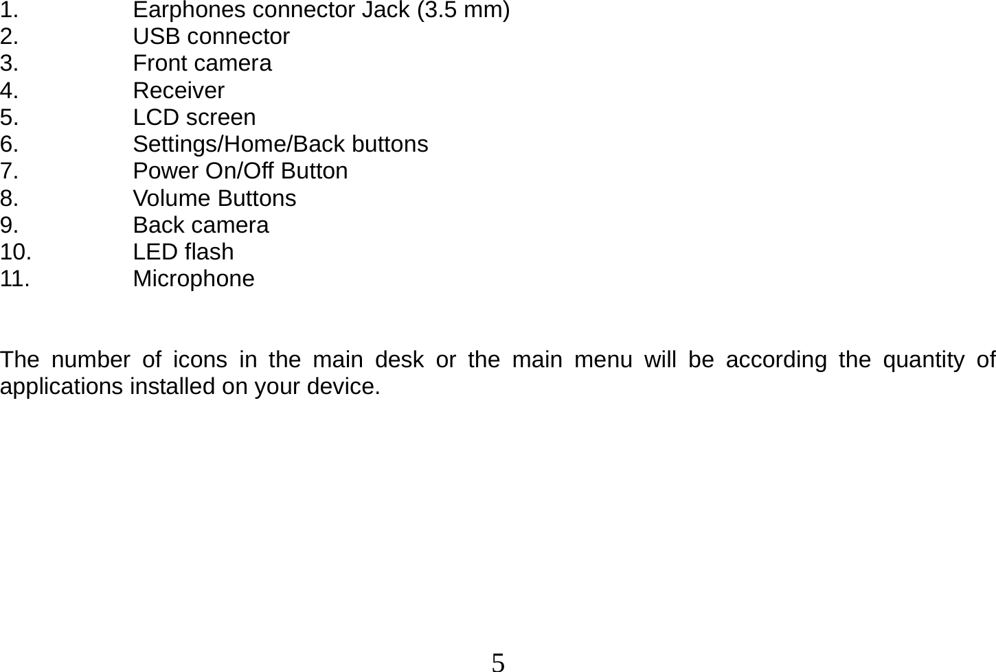  5  1.  Earphones connector Jack (3.5 mm) 2. USB connector 3. Front camera 4. Receiver 5. LCD screen 6. Settings/Home/Back buttons 7. Power On/Off Button 8. Volume Buttons 9.  Back camera    10. LED flash 11. Microphone   The number of icons in the main desk or the main menu will be according the quantity of applications installed on your device.        