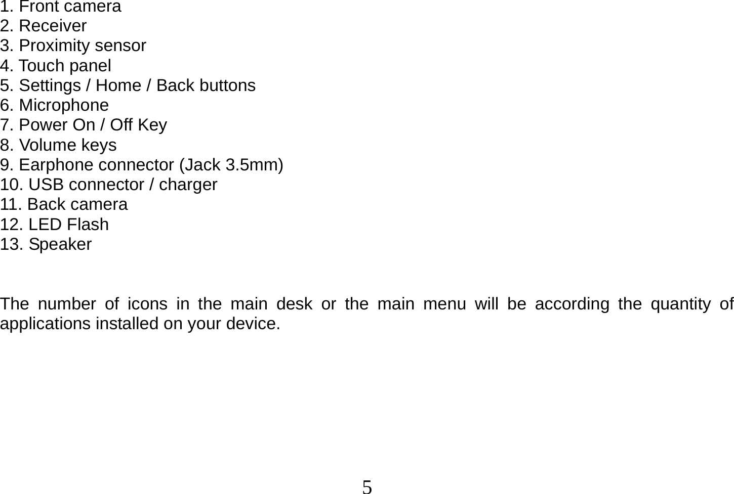  5  1. Front camera 2. Receiver 3. Proximity sensor 4. Touch panel 5. Settings / Home / Back buttons 6. Microphone 7. Power On / Off Key 8. Volume keys 9. Earphone connector (Jack 3.5mm) 10. USB connector / charger 11. Back camera 12. LED Flash 13. Speaker   The number of icons in the main desk or the main menu will be according the quantity of applications installed on your device.        