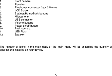  5  1.  Front camera 2.  Receiver 3.  Earphones connector (jack 3.5 mm)    4.  LCD Screen 5.  Settings/Home/Back buttons 6.  Microphone 7.  USB connector 8.  Volume buttons   9.  Power on/off button    10.  Back camera 11.  LED Flash 12.  Speaker    The  number  of  icons  in  the  main  desk  or  the  main  menu  will  be  according  the  quantity  of applications installed on your device.         