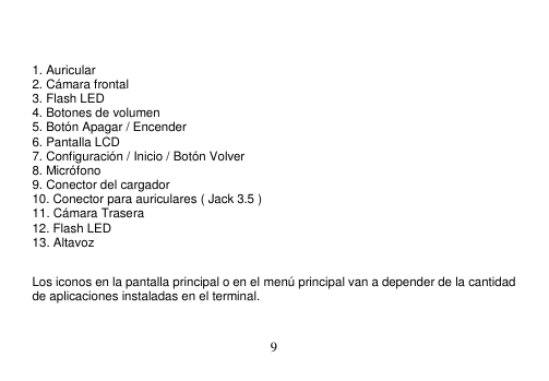  9     1. Auricular 2. Cámara frontal 3. Flash LED 4. Botones de volumen 5. Botón Apagar / Encender 6. Pantalla LCD   7. Configuración / Inicio / Botón Volver 8. Micrófono 9. Conector del cargador 10. Conector para auriculares ( Jack 3.5 ) 11. Cámara Trasera 12. Flash LED 13. Altavoz    Los iconos en la pantalla principal o en el menú principal van a depender de la cantidad de aplicaciones instaladas en el terminal. 