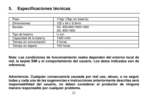  21  5.  Especificaciones técnicas  Peso 110gr (78gr sin batería) Dimensiones: 125 x 64 x 9.3mm   Bandas: 2G: 850/900/1800/1900 3G: 850/1900 Tipo de batería Li-ion Capacidad de la batería 1400 mAh Tiempo en conversación 3 horas Tiempo en espera 100 horas   Nota: Las condiciones de funcionamiento reales dependen del entorno local de red, la tarjeta SIM y el comportamiento del usuario. Los datos indicados son de referencia.   Advertencia: Cualquier consecuencia causada por mal uso, abuso, o no seguir todas y cada una de las sugerencias e instrucciones anteriormente descritas será responsabilidad  del  usuario,  no  deben  considerar  al  productor  de  ninguna manera responsable por cualquier problema. 