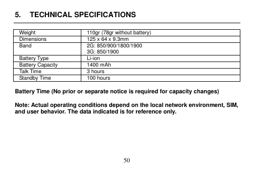  50  5.  TECHNICAL SPECIFICATIONS  Weight 110gr (78gr without battery) Dimensions 125 x 64 x 9.3mm   Band 2G: 850/900/1800/1900 3G: 850/1900 Battery Type Li-ion Battery Capacity 1400 mAh Talk Time 3 hours Standby Time 100 hours    Battery Time (No prior or separate notice is required for capacity changes)  Note: Actual operating conditions depend on the local network environment, SIM, and user behavior. The data indicated is for reference only.       
