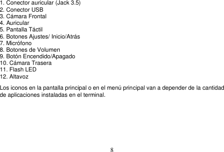  8  1. Conector auricular (Jack 3.5) 2. Conector USB 3. Cámara Frontal 4. Auricular 5. Pantalla Táctil 6. Botones Ajustes/ Inicio/Atrás 7. Micrófono 8. Botones de Volumen 9. Botón Encendido/Apagado 10. Cámara Trasera 11. Flash LED 12. Altavoz Los iconos en la pantalla principal o en el menú principal van a depender de la cantidad de aplicaciones instaladas en el terminal. 