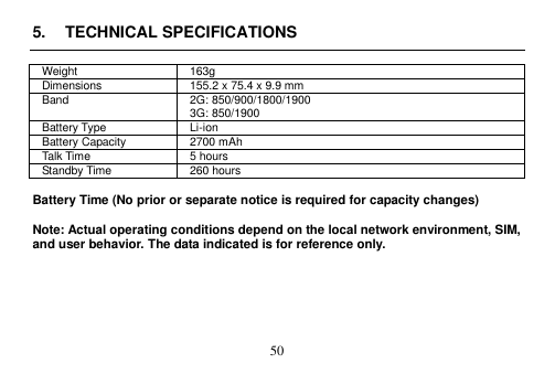  50  5.  TECHNICAL SPECIFICATIONS  Weight 163g Dimensions 155.2 x 75.4 x 9.9 mm Band 2G: 850/900/1800/1900 3G: 850/1900 Battery Type Li-ion Battery Capacity 2700 mAh Talk Time 5 hours Standby Time 260 hours    Battery Time (No prior or separate notice is required for capacity changes)  Note: Actual operating conditions depend on the local network environment, SIM, and user behavior. The data indicated is for reference only.       