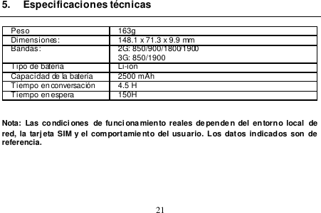  21  5.  Especificaciones técnicas  Peso 163g Dimensiones: 148.1 x 71.3 x 9.9 mm Bandas: 2G: 850/900/1800/1900 3G: 850/1900 Tipo de batería Li-ion Capacidad de la batería 2500 mAh Tiempo en conversación 4.5 H Tiempo en espera 150H   Nota: Las condici ones  de funcionamiento reales dependen del  entorno local  de red, la  tarjeta SIM  y el  comportamiento del usuario.  Los datos indicados son  de  referencia.       