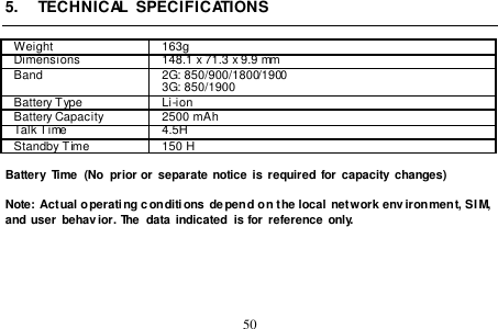  50  5.  TECHNICAL  SPECIFICATIONS  Weight 163g Dimensions 148.1 x 71.3 x 9.9 mm Band 2G: 850/900/1800/1900 3G: 850/1900 Battery Type Li-ion Battery Capacity 2500 mAh Talk Time 4.5H Standby Time 150 H    Battery  Time  (No  prior or  separate notice  is  required for  capacity  changes)  Note: Actual operating c onditions  depend on the local network environment, SIM,  and  user  behavior. The  data indicated  is for reference  only.       