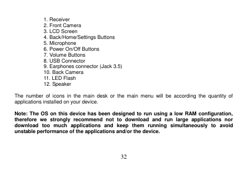  32   1. Receiver 2. Front Camera 3. LCD Screen 4. Back/Home/Settings Buttons 5. Microphone 6. Power On/Off Buttons 7. Volume Buttons 8. USB Connector   9. Earphones connector (Jack 3.5) 10. Back Camera 11. LED Flash 12. Speaker  The  number  of  icons  in  the  main  desk  or  the  main  menu  will  be  according  the  quantity  of applications installed on your device.  Note: The OS on this device has been designed to run using a low RAM configuration, therefore  we  strongly  recommend  not  to  download  and  run  large  applications  nor download  too  much  applications  and  keep  them  running  simultaneously  to  avoid unstable performance of the applications and/or the device. 