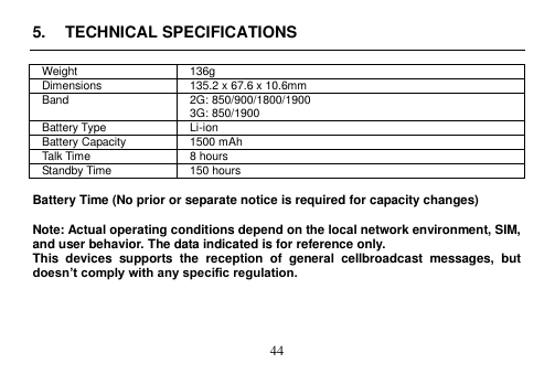  44  5.  TECHNICAL SPECIFICATIONS  Weight 136g Dimensions 135.2 x 67.6 x 10.6mm   Band 2G: 850/900/1800/1900 3G: 850/1900 Battery Type Li-ion Battery Capacity 1500 mAh Talk Time 8 hours Standby Time 150 hours    Battery Time (No prior or separate notice is required for capacity changes)  Note: Actual operating conditions depend on the local network environment, SIM, and user behavior. The data indicated is for reference only. This  devices  supports  the  reception  of  general  cellbroadcast  messages,  but doesn’t comply with any specific regulation.     