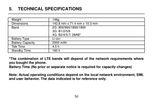  50  5.  TECHNICAL SPECIFICATIONS  Weight 146g Dimensions 142.8 mm x 71.4 mm x 10.3 mm Band 2G: 850/900/1800/1900 3G: B1/2/5/8 4G: B2/4/5/7/ 28AB* Battery Type Li-ion Battery Capacity 2000 mAh Talk Time 4.5 h Standby Time 160 h    *The combination of LTE bands will depend of the network requirements where you bought the phone.   Battery Time (No prior or separate notice is required for capacity changes)  Note: Actual operating conditions depend on the local network environment, SIM, and user behavior. The data indicated is for reference only.    