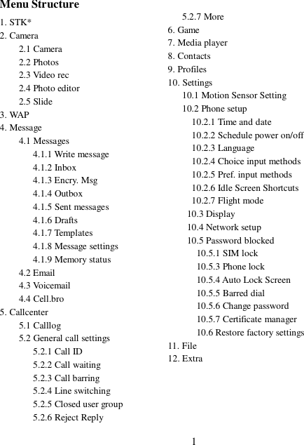 1   Menu Structure 1. STK* 2. Camera     2.1 Camera     2.2 Photos     2.3 Video rec     2.4 Photo editor     2.5 Slide 3. WAP 4. Message     4.1 Messages        4.1.1 Write message        4.1.2 Inbox        4.1.3 Encry. Msg        4.1.4 Outbox        4.1.5 Sent messages        4.1.6 Drafts        4.1.7 Templates        4.1.8 Message settings        4.1.9 Memory status     4.2 Email     4.3 Voicemail     4.4 Cell.bro 5. Callcenter     5.1 Calllog     5.2 General call settings        5.2.1 Call ID        5.2.2 Call waiting        5.2.3 Call barring        5.2.4 Line switching        5.2.5 Closed user group        5.2.6 Reject Reply         5.2.7 More 6. Game 7. Media player 8. Contacts 9. Profiles 10. Settings    10.1 Motion Sensor Setting    10.2 Phone setup      10.2.1 Time and date      10.2.2 Schedule power on/off      10.2.3 Language      10.2.4 Choice input methods      10.2.5 Pref. input methods      10.2.6 Idle Screen Shortcuts      10.2.7 Flight mode     10.3 Display     10.4 Network setup     10.5 Password blocked      10.5.1 SIM lock      10.5.3 Phone lock      10.5.4 Auto Lock Screen      10.5.5 Barred dial      10.5.6 Change password       10.5.7 Certificate manager       10.6 Restore factory settings 11. File 12. Extra 