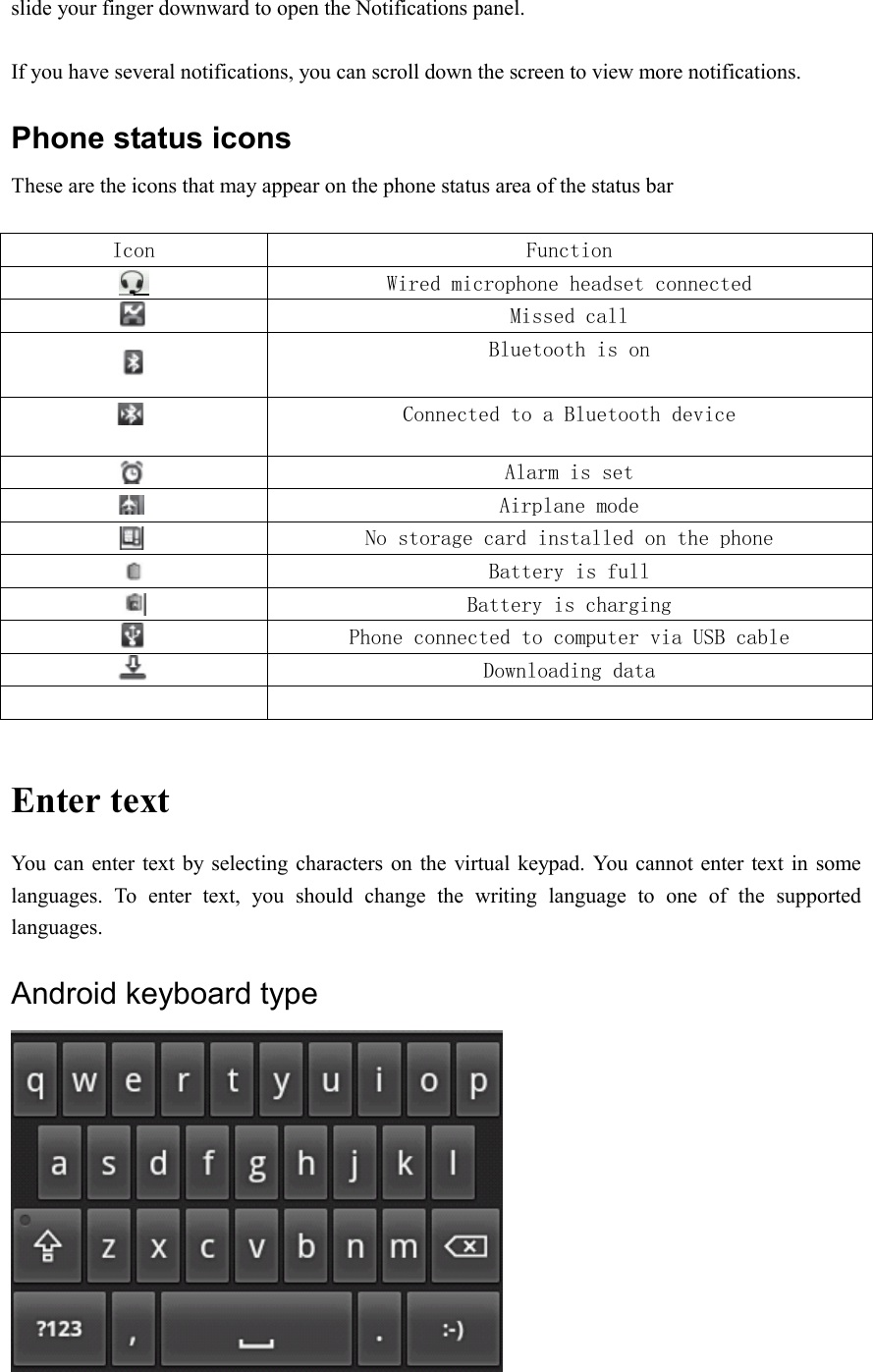  slide your finger downward to open the Notifications panel.  If you have several notifications, you can scroll down the screen to view more notifications. Phone status icons These are the icons that may appear on the phone status area of the status bar  Icon  Function  Wired microphone headset connected  Missed call  Bluetooth is on  Connected to a Bluetooth device  Alarm is set  Airplane mode  No storage card installed on the phone  Battery is full  Battery is charging  Phone connected to computer via USB cable  Downloading data     Enter text You can enter text by selecting characters on the virtual keypad. You cannot enter text in some languages.  To  enter  text,  you  should  change  the  writing  language  to  one  of  the  supported languages. Android keyboard type    